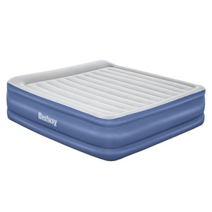 A king size Bestway branded inflatable air mattress with a blue exterior and white flocked sleeping surface.