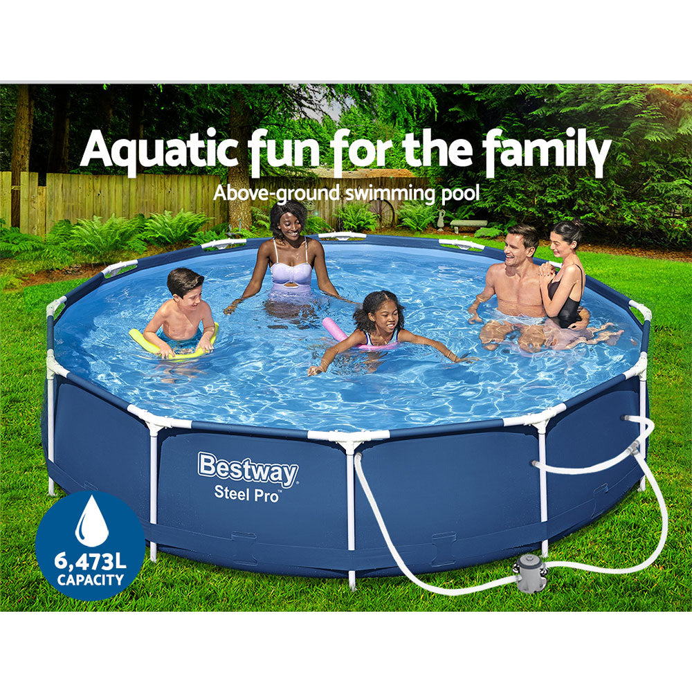 Family enjoying a swimming pool with 'Bestway' branding
