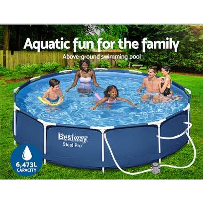 Family enjoying a swimming pool with 'Bestway' branding