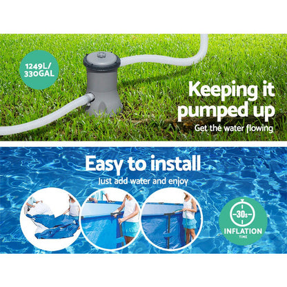 Pool pump system with text 'Keeping it pumped up' and 'Easy to install' on a grass and pool background.