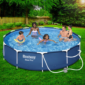 Family enjoying a swim in a Bestway Steel Pro pool in a backyard setting.