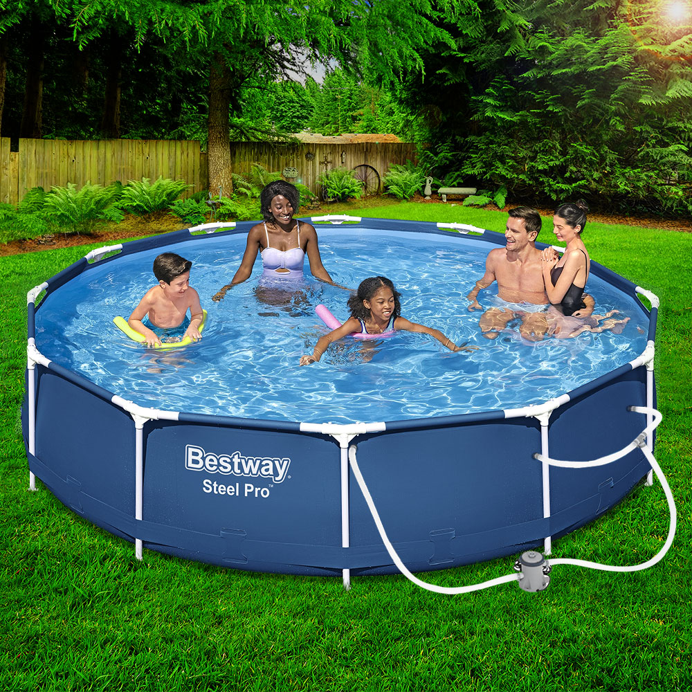 Family enjoying a swim in a Bestway Steel Pro pool in a backyard setting.