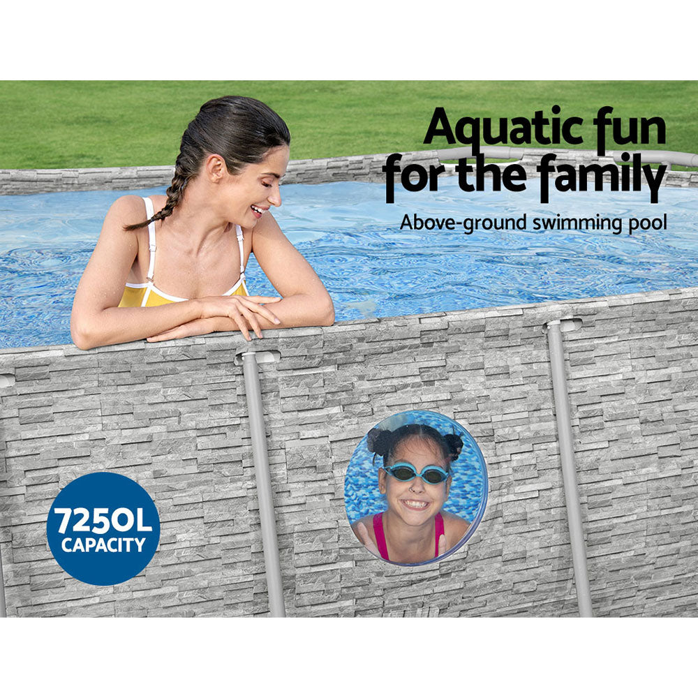 Woman by an above-ground swimming pool with text 'Aquatic fun for the family' and '7250L capacity'.