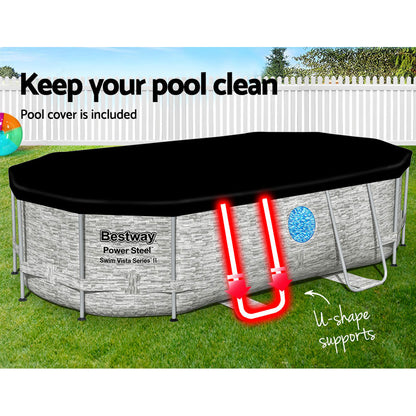 Bestway Power Steel pool with black cover and U-shaped supports on grass