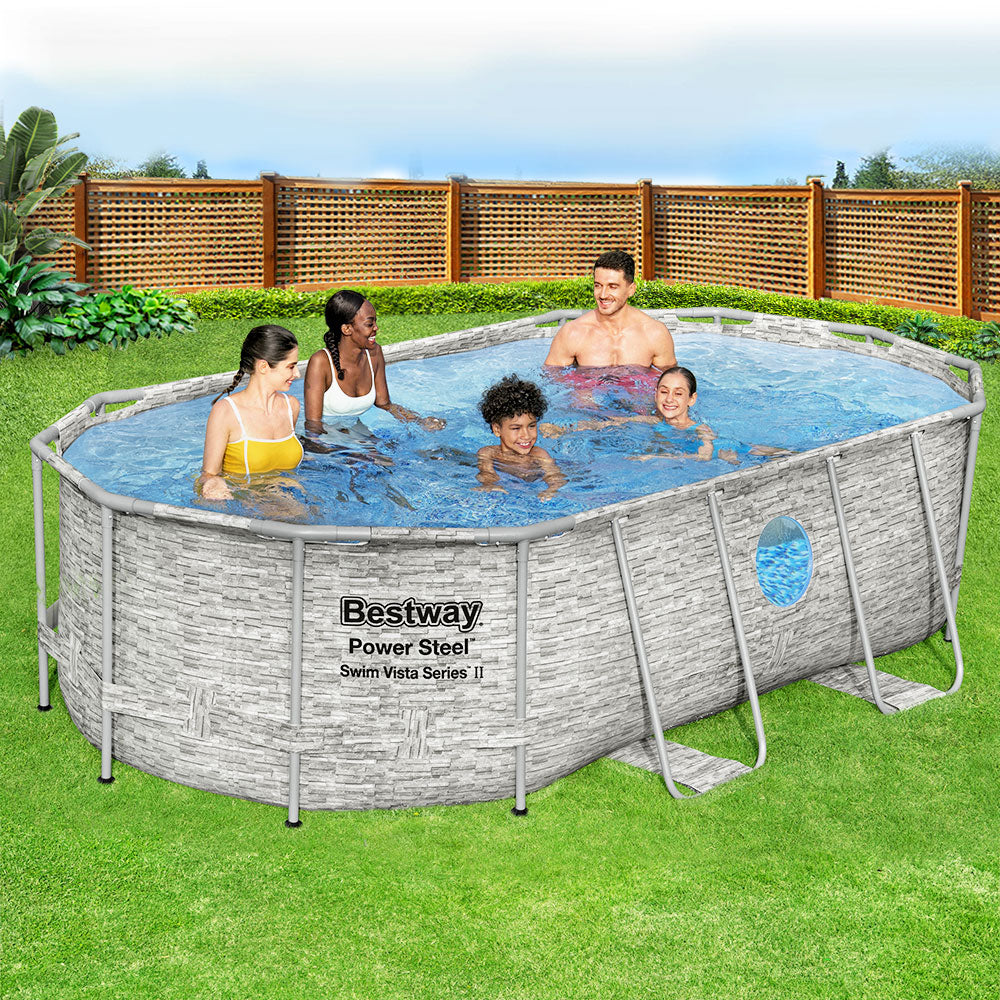 Family enjoying a swimming pool with 'Bestway' branding