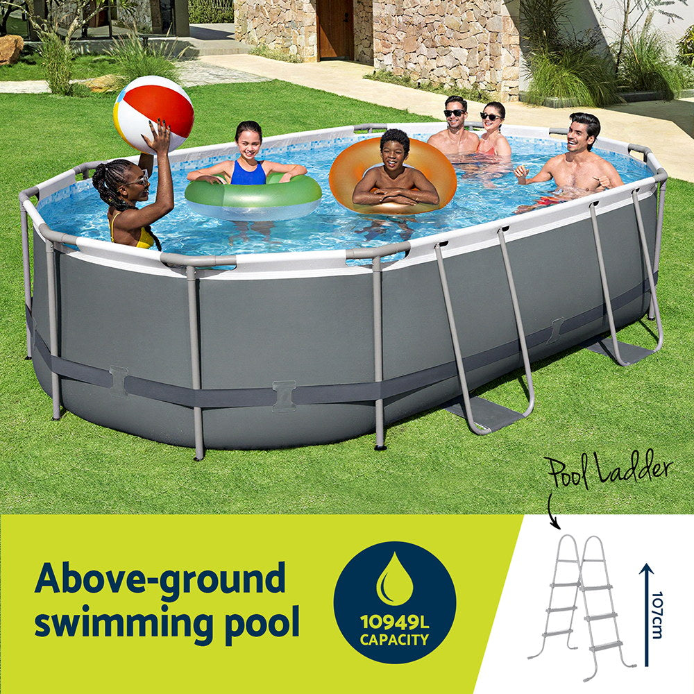 Above-ground swimming pool with children playing in a backyard setting