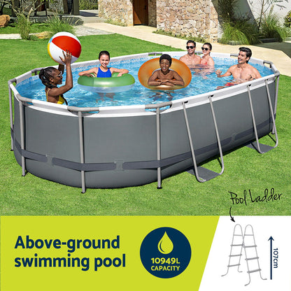 Above-ground swimming pool with children playing in a backyard setting
