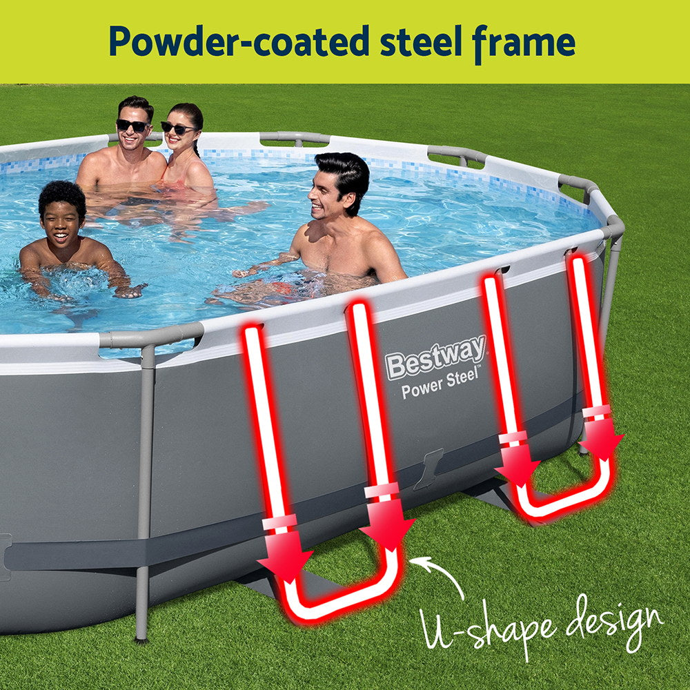 People enjoying a swimming pool with a Bestway Power Steel frame, highlighting the powder-coated steel frame and U-shape design.