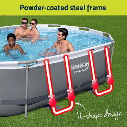People enjoying a swimming pool with a Bestway Power Steel frame, highlighting the powder-coated steel frame and U-shape design.