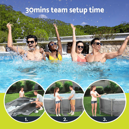 People enjoying a pool with setup steps shown below