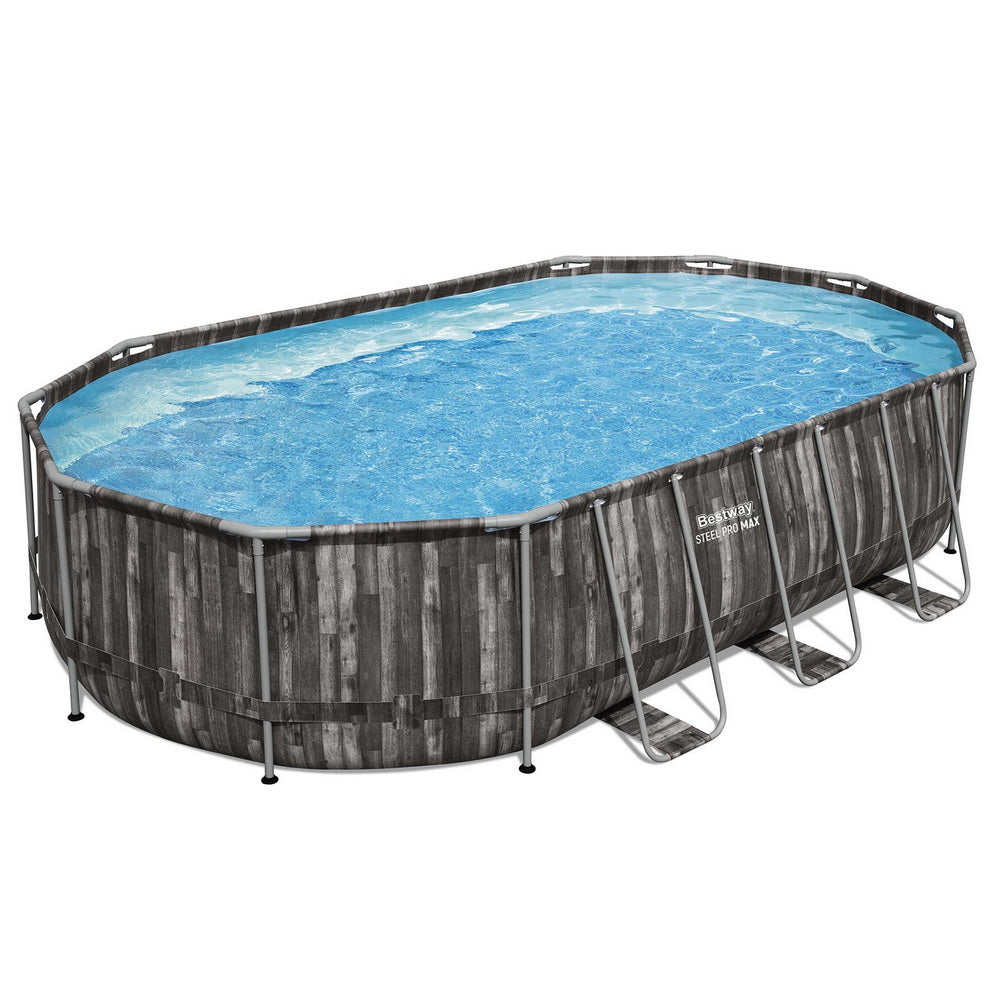 Oval above-ground pool with wooden effect frame on a white background