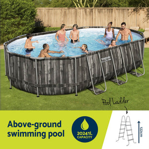 Above-ground swimming pool with children playing in a backyard setting, featuring a pool ladder.