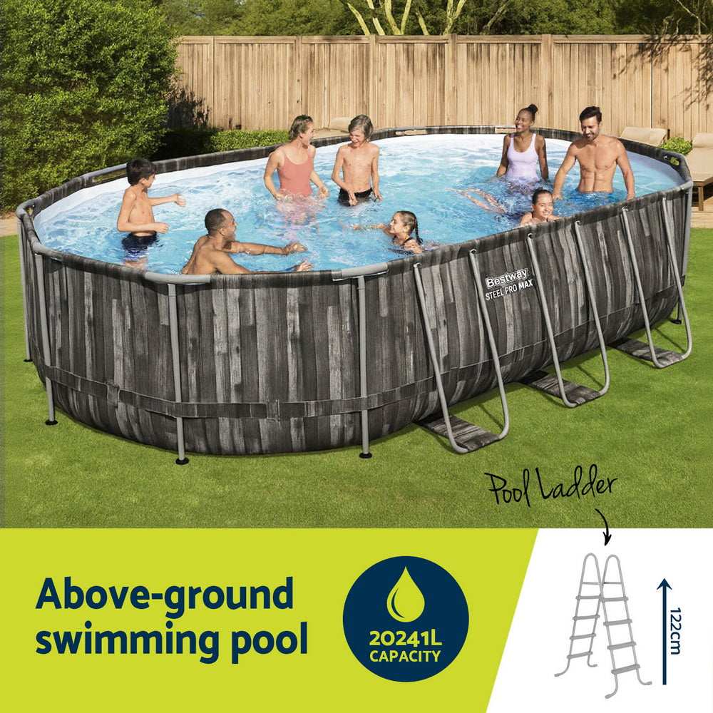 Above-ground swimming pool with children playing in a backyard setting, featuring a pool ladder.