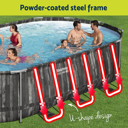 Family enjoying a swimming pool with a focus on the powder-coated steel frame and U-shape design.