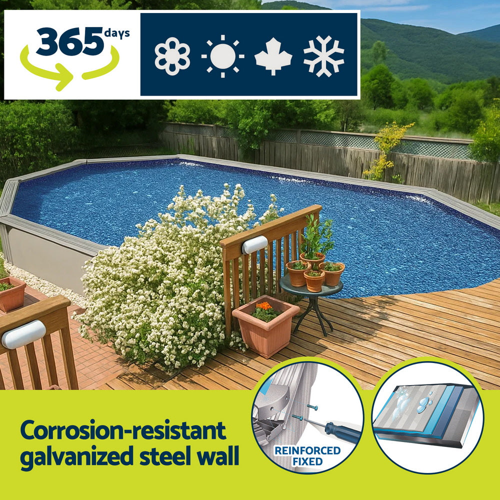 Swimming pool with deck, plants, and promotional text about corrosion-resistant steel wall.