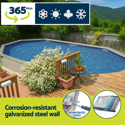 Swimming pool with deck, plants, and promotional text about corrosion-resistant steel wall.