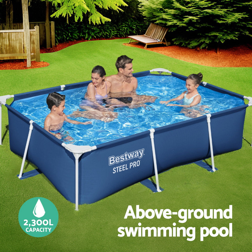 Family playing in an above-ground swimming pool with 'Bestway Steel Pro' branding.