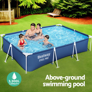Family playing in an above-ground swimming pool with 'Bestway Steel Pro' branding.