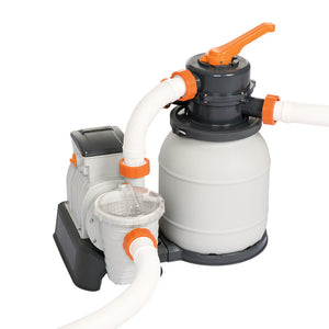 Pool filtration system with white and orange components on a white background