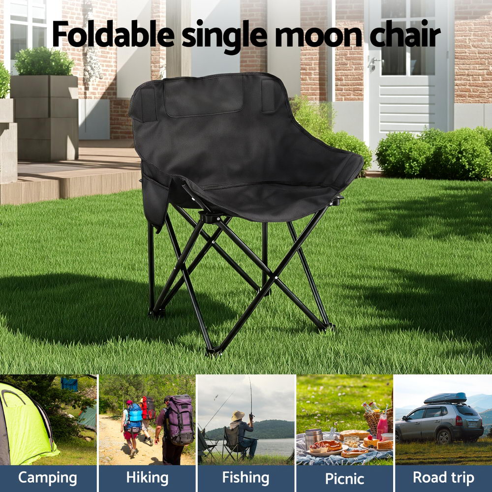 Foldable single moon chair on grass with lifestyle images below