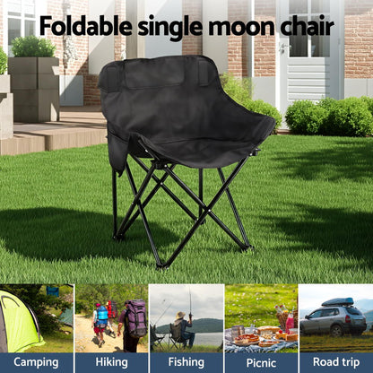Foldable single moon chair on grass with lifestyle images below