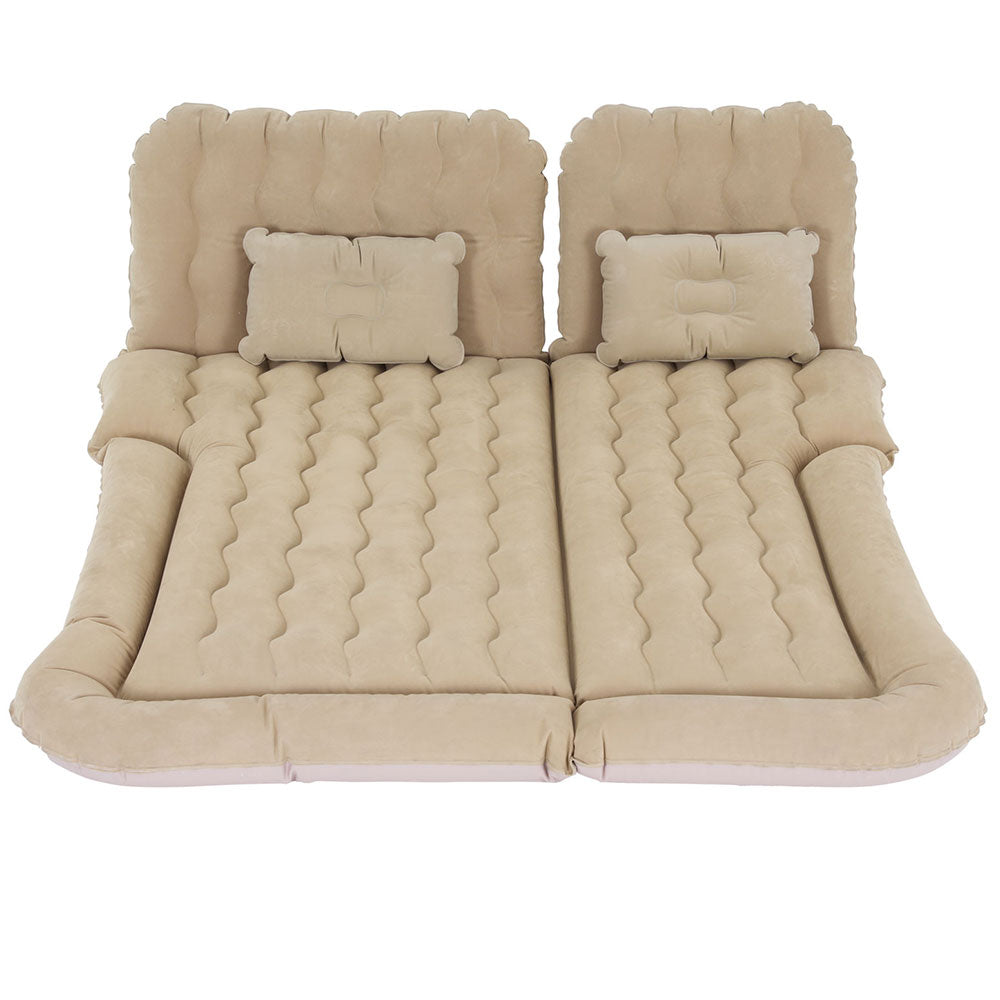 An inflatable car mattress designed for the back seat, in beige color, with pillows and a repair kit included.
