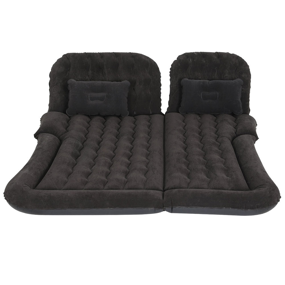 Inflatable car mattress designed for the back seat, in black color, with pillows and visible air chambers.