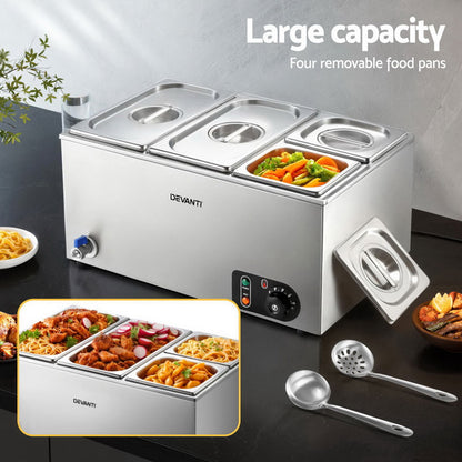 Devanti Commercial Food Warmer Bain Marie 4 Electric Buffet Pans