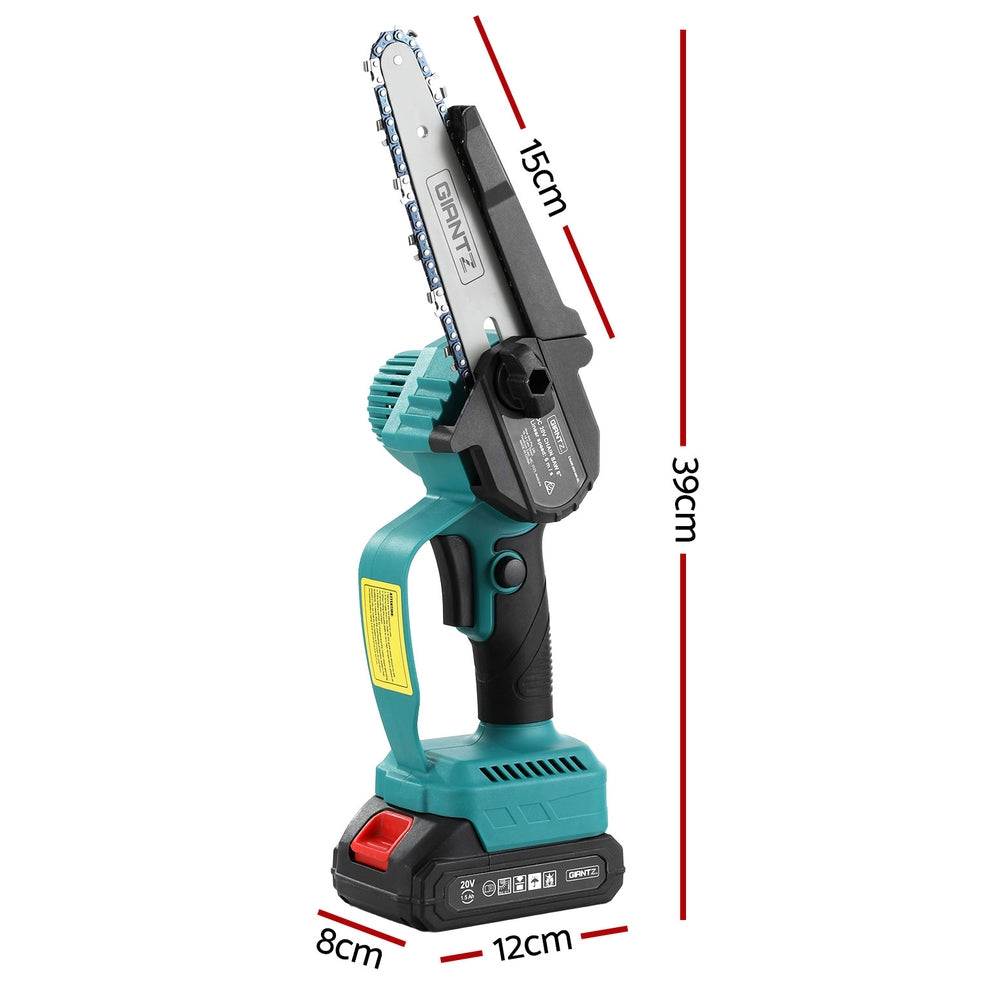 Cordless hedge trimmer with measurements on a white background