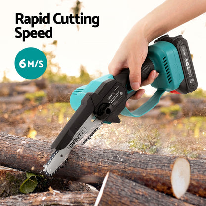 Hand holding a cordless chainsaw cutting wood with 'Rapid Cutting Speed' text and 6M/s indicator.