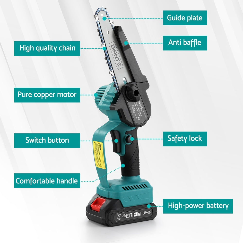Power tool with labeled features on a white background