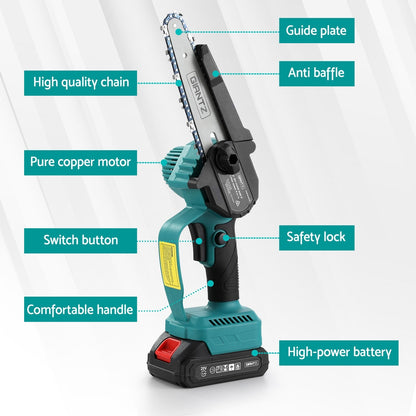 Power tool with labeled features on a white background
