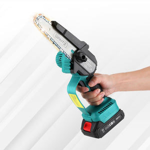 Hand holding a cordless hedge trimmer with a white background