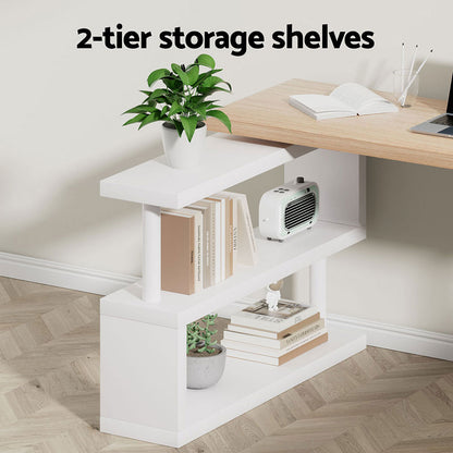 Artiss Rotary Corner Desk with Bookshelf - Brown & White