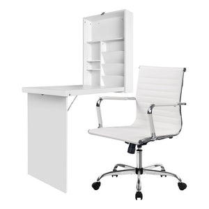 Artiss Computer Desk Office Chair Set PU Leather Wall Mount Foldable Table White