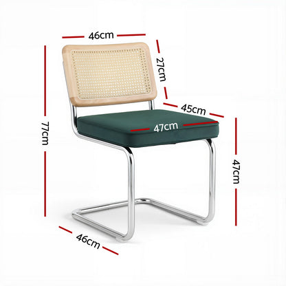 Artiss Dining Chairs Set of 2 Velvet Rattan Cantilever Green
