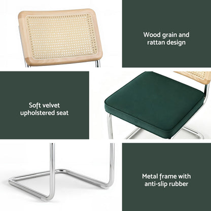 Artiss Dining Chairs Set of 4 Velvet Rattan Cantilever Green