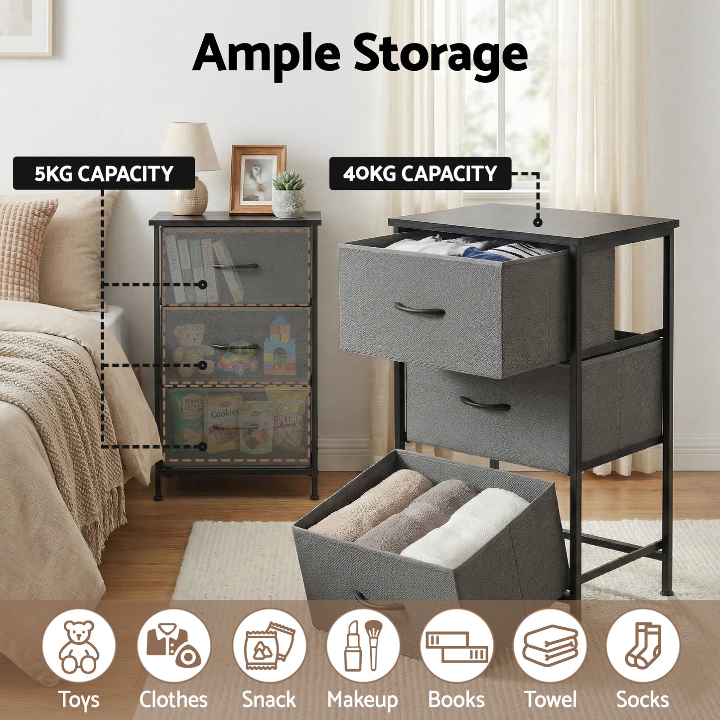 Artiss Chest of 3 Drawers Storage Dresser Tallboy Grey - Factory Direct Shop