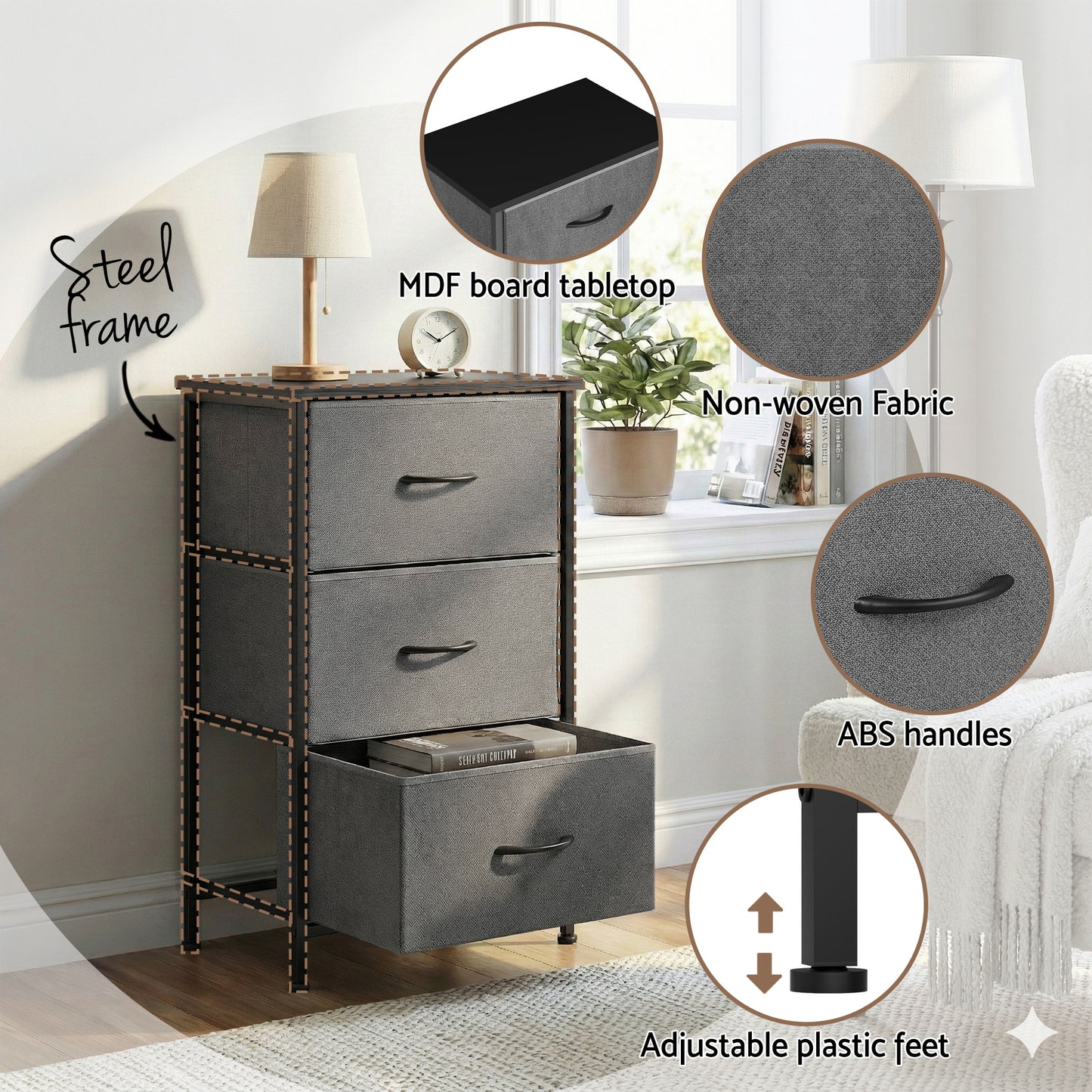 Artiss Chest of 3 Drawers Storage Dresser Tallboy Grey - Factory Direct Shop