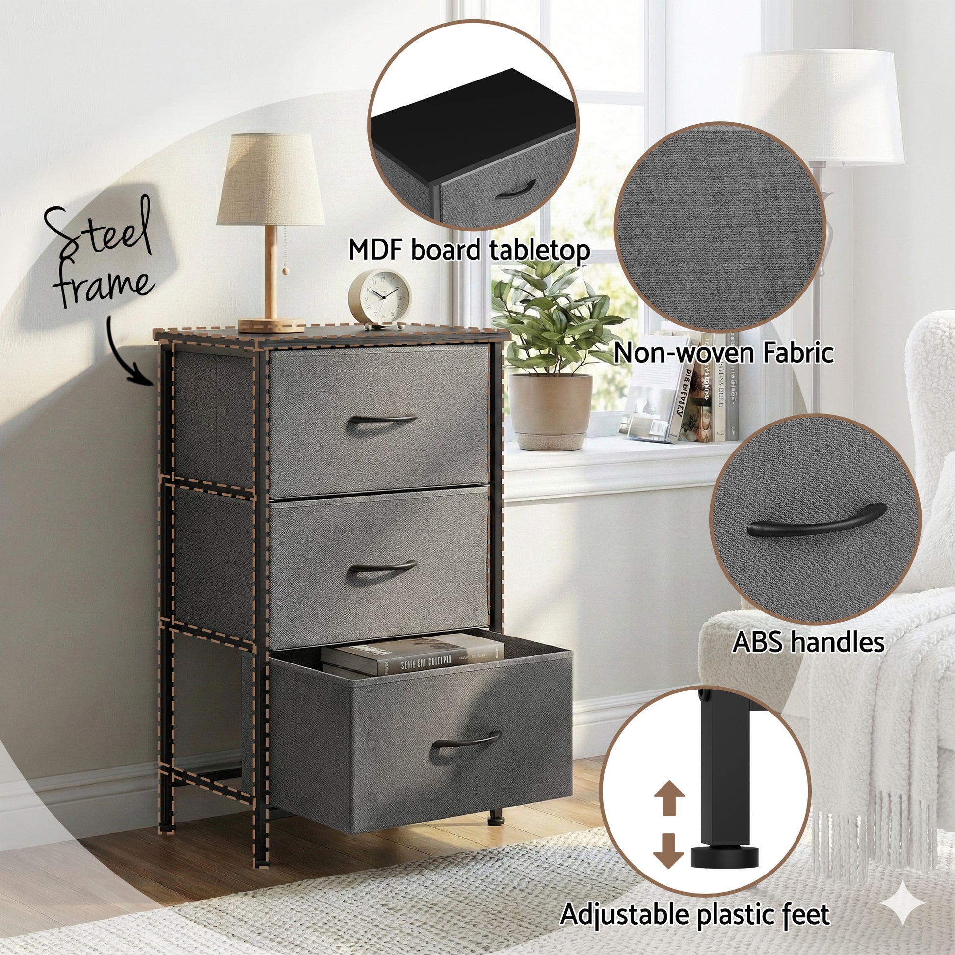 Artiss Chest of 3 Drawers Storage Dresser Tallboy Grey - Factory Direct Shop