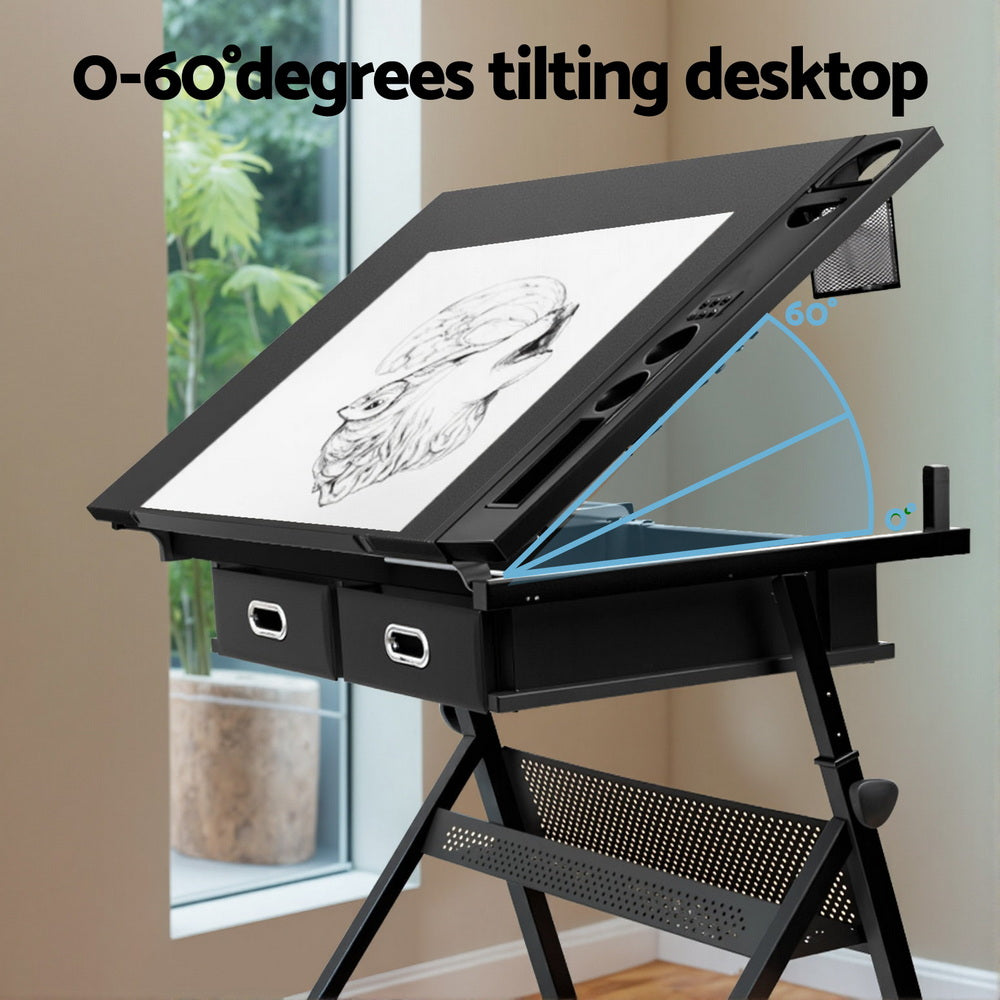 Artiss Drawing Desk Stool Set Drafting Table Adjustable Angle Tilt Drawers Black