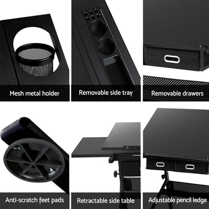 Artiss Drawing Desk Stool Set Drafting Table Adjustable Angle Tilt Drawers Black