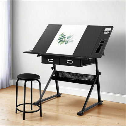 Artiss Drawing Desk Stool Set Drafting Table Adjustable Angle Tilt Drawers Black