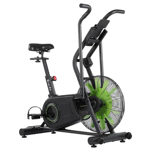 An Everfit Air Bike X1 exercise bike with a black frame, green fan, and digital monitor, designed for home gym cardio workouts.