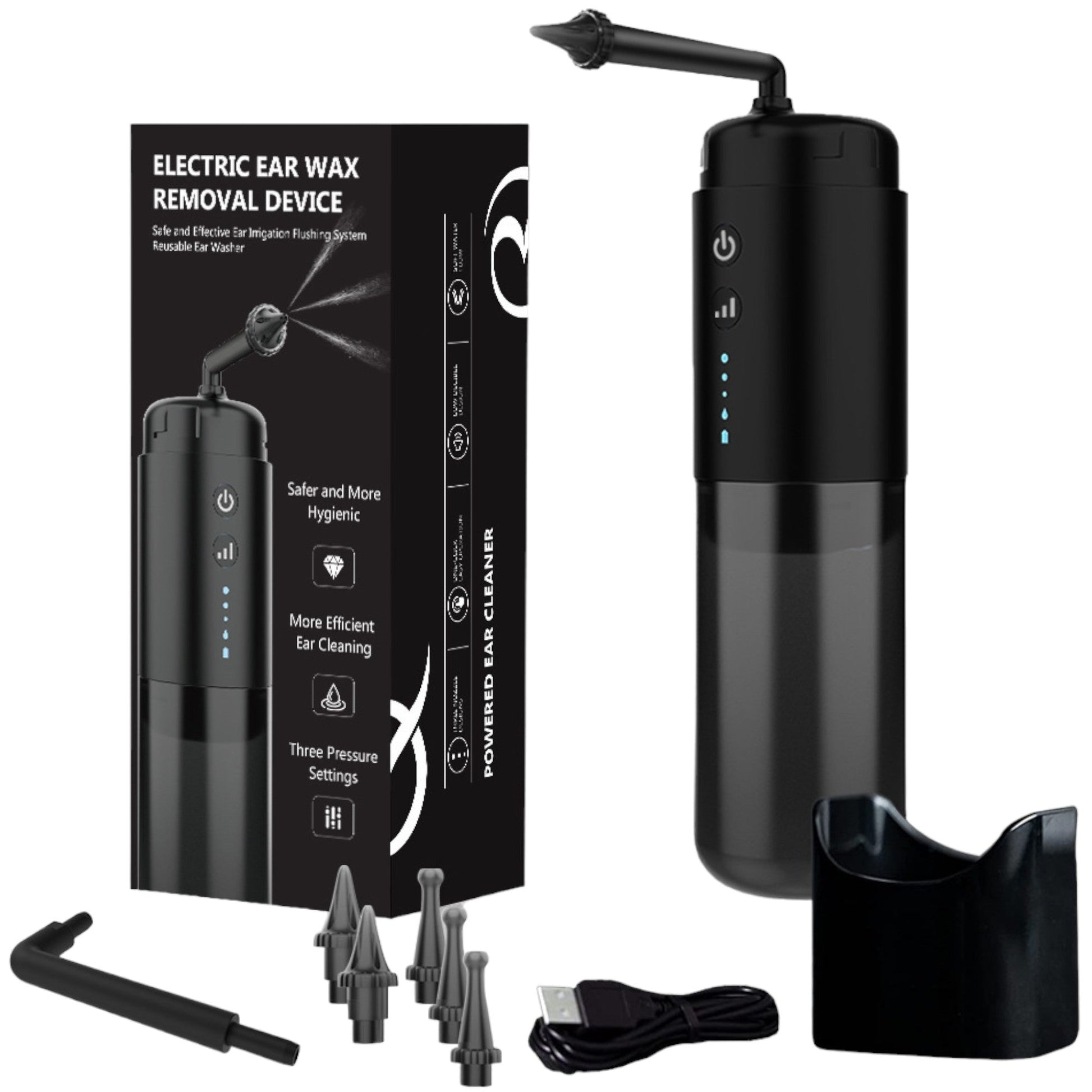 Electric Ear Wax Removal Cleaner - Portable Rechargeable Irrigator

The Orku Electric ear wax cleaner gently cleanses the ears without harming the sensitive skin, effectively removing wax, dirt, and debris. Simply fill the basin with warm water, flip the nozzle, and spray. Use this rechargeable ear cleaner exclusively with warm water to avoid dizziness caused by room temperature or cold water. Waterproof rating of IPX6 allows versatile use in the shower or over the sink. The electric ear cleaner features th