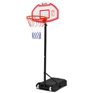 Everfit 2.1M Basketball Hoop Stand System Adjustable Portable Pro Kids White

The Basketball System boasts a highly durable steel frame and allows for quick and easy setup, perfect for children, young athletes, and adults alike. With five adjustable height options ranging from 1.6m to 2.1m, it can be customized to fit your needs. The PE backboard, measuring 71x45cm, mimics the appearance and performance of professional glass backboards, while the large 35L base can be filled with water or sand for added sta