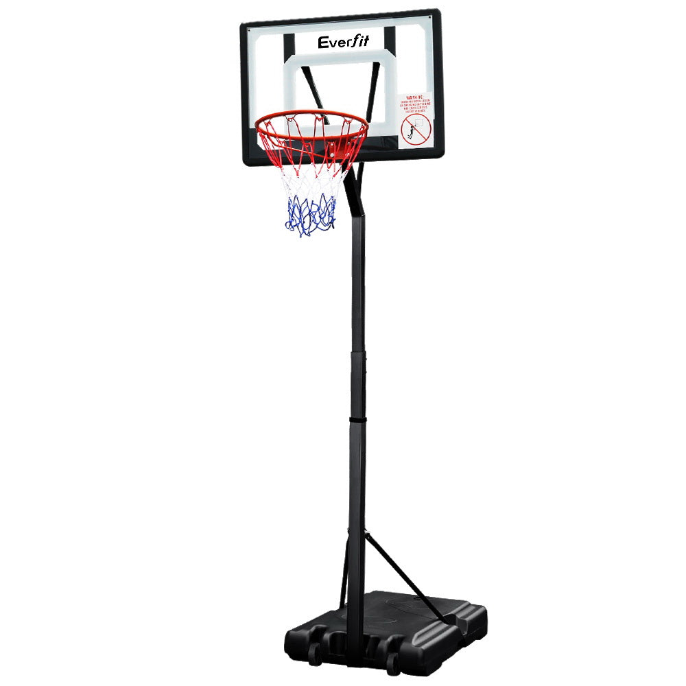 Everfit 2.6M Basketball Hoop Stand System, Adjustable Portable Pro Kids Clear

With a sturdy steel frame, the Everfit 32" Basketball System is designed for easy set-up and is suitable for both kids and adults. It can be adjusted to heights ranging from 2.1m to 2.6m, providing versatility for players of all ages. The durable PVC backboard, which resembles pro-style glass, is shatterproof and measures 32". The 95L capacity base can be filled with water or sand for added stability, and the included nylon net a