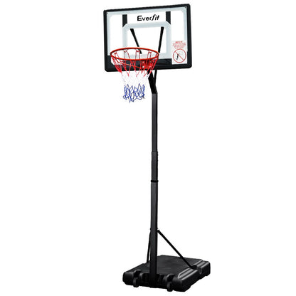 Everfit 2.6M Basketball Hoop Stand System, Adjustable Portable Pro Kids Clear

With a sturdy steel frame, the Everfit 32" Basketball System is designed for easy set-up and is suitable for both kids and adults. It can be adjusted to heights ranging from 2.1m to 2.6m, providing versatility for players of all ages. The durable PVC backboard, which resembles pro-style glass, is shatterproof and measures 32". The 95L capacity base can be filled with water or sand for added stability, and the included nylon net a