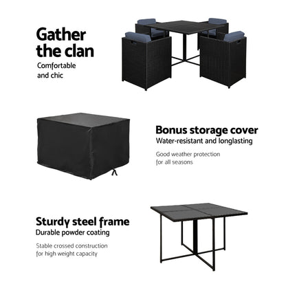 Outdoor Dining Table Set-5 Piece-Black