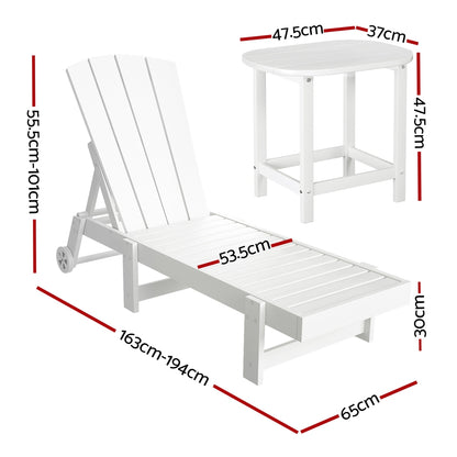Gardeon Sun Lounge Lounger Table and Chairs Beach Chair Adirondack HDPE Patio Outdoor Furniture Wheels White